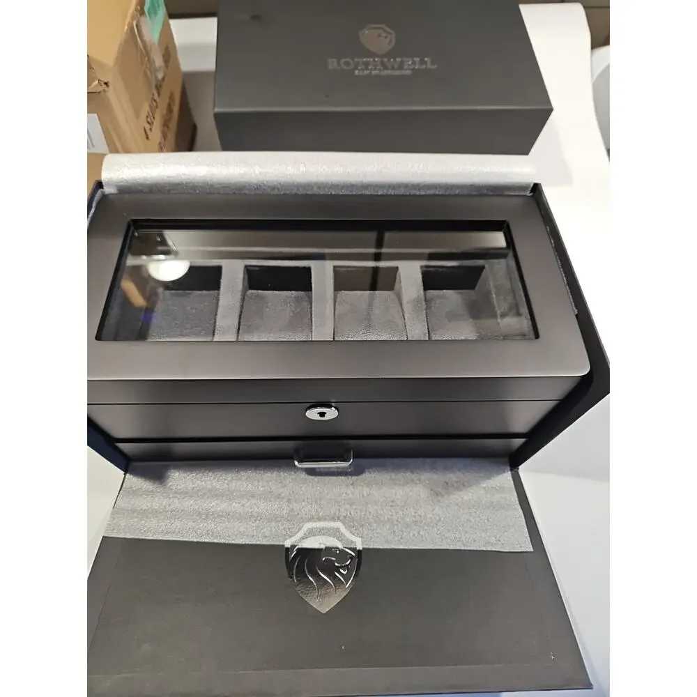 ROTHWELL 4 Slot Leather Watch Box with Valet Drawer - Medium, Blue/Grey NEW NIB